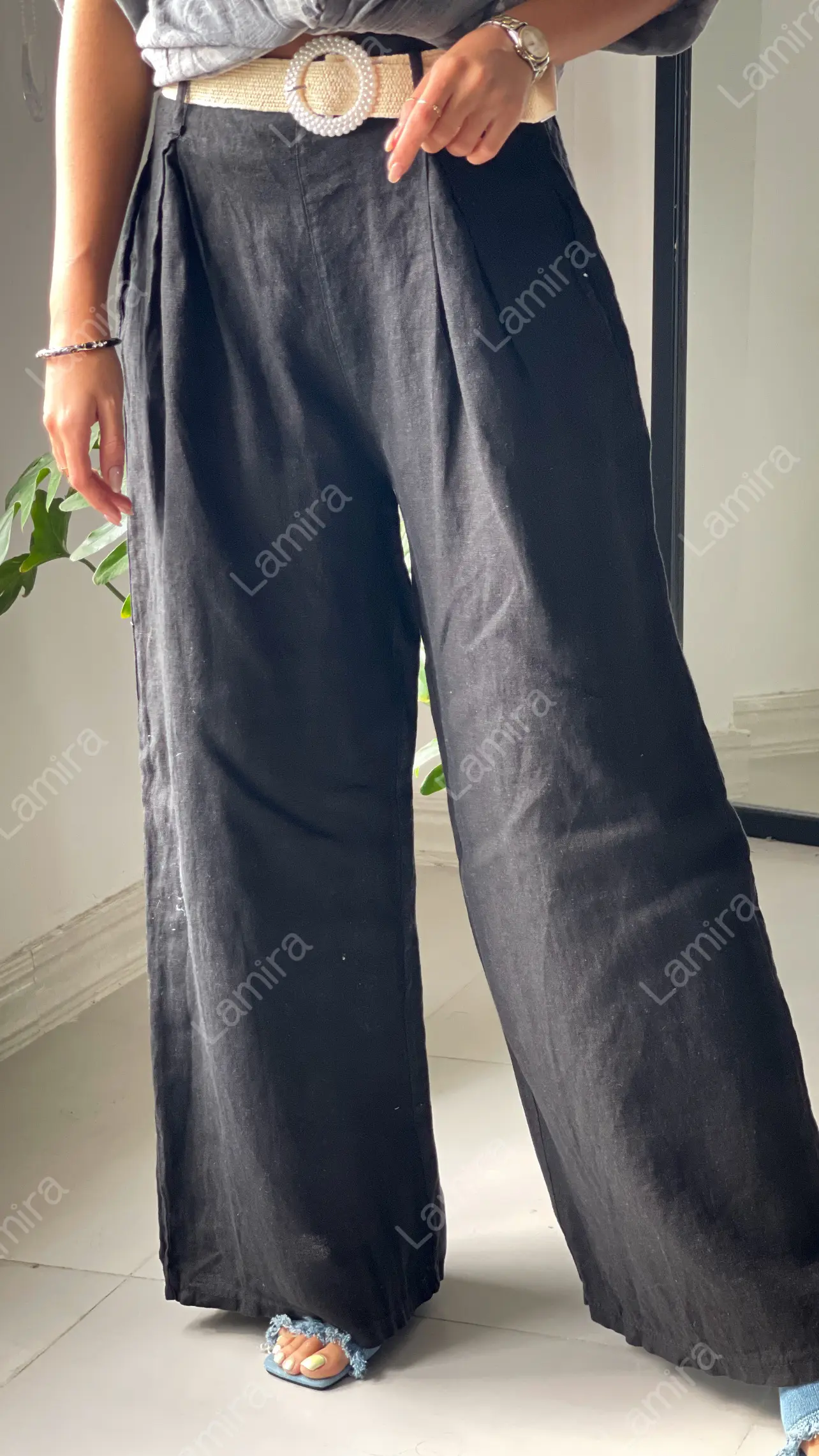 شلوار لینن ایتالیایی کمربند مرواریدی